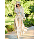 Womens Silk Maxi Dress Baroque Floral Print Sheer Sleeve Long Silk Dress Beige XS