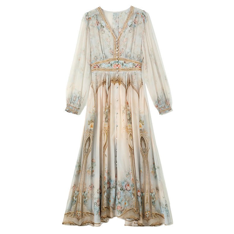 Womens Silk Maxi Dress Baroque Floral Print Sheer Sleeve Long Silk Dress Beige XS