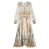 Womens Silk Maxi Dress Baroque Floral Print Sheer Sleeve Long Silk Dress Beige XS