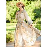 Womens Silk Maxi Dress Baroque Floral Print Sheer Sleeve Long Silk Dress Beige XS