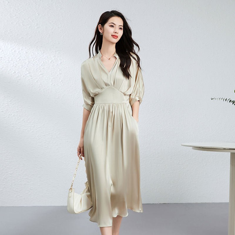 Womens Silk Midi Dress Draped V - Neck Cinched Waist Long Silk Dress Champagne XS