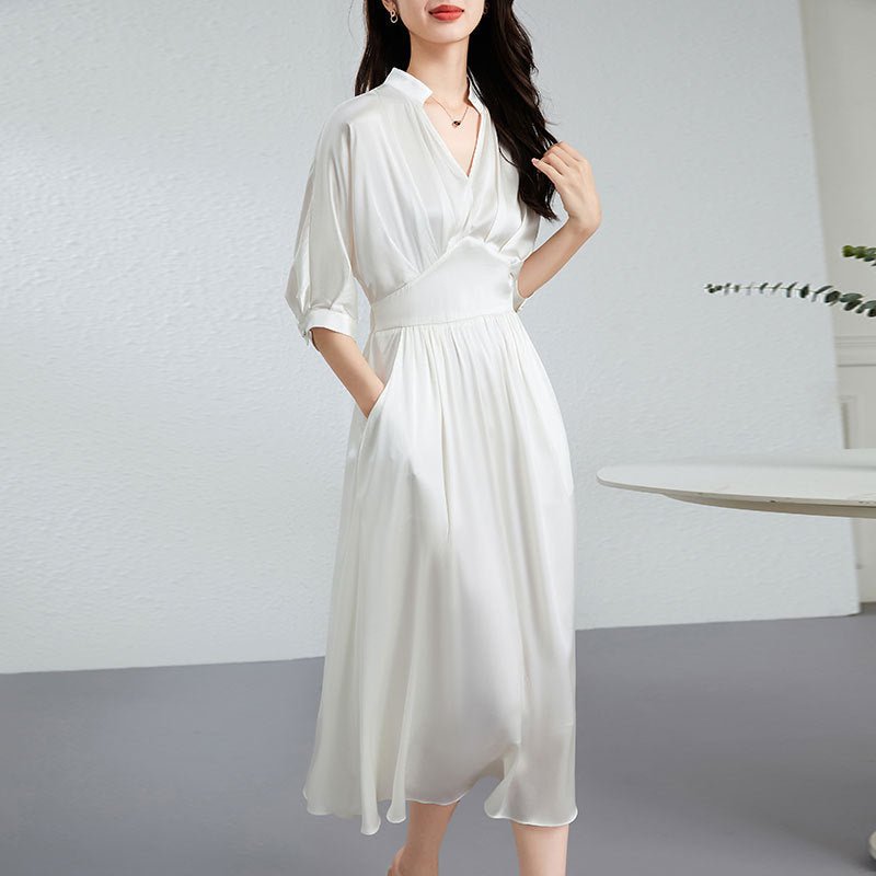 Womens Silk Midi Dress Draped V - Neck Cinched Waist Long Silk Dress Ivory XS