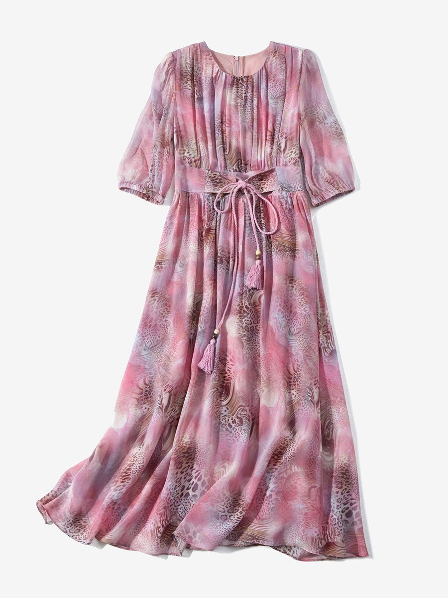 Womens Silk Midi Dress with Puff Sleeves Crew Neck Silk Floral Dress Pink XS