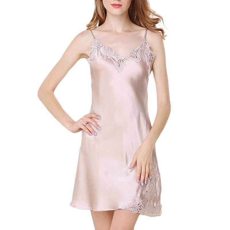 Women's Silk Lace Nightdress V Neck Mulberry Pure Silk Nightgown