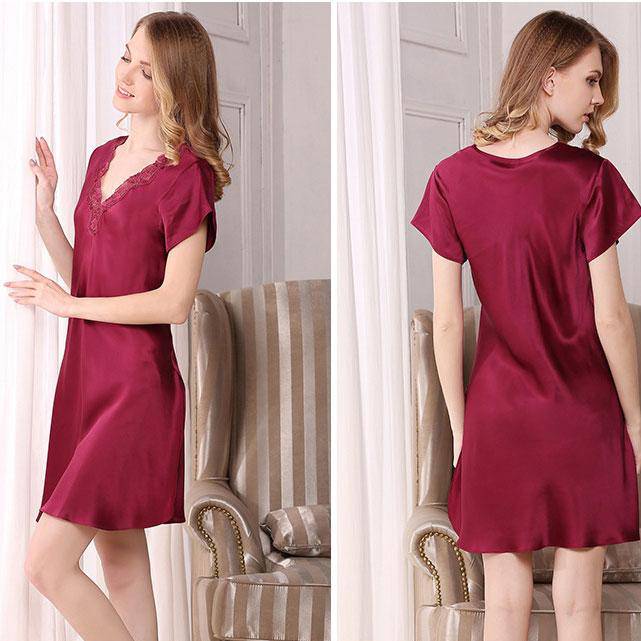 Women's Silk Nightdress V Neck Mulberry Lace Silk Nightgown Claret XS