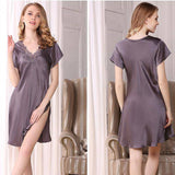 Women's Silk Nightdress V Neck Mulberry Lace Silk Nightgown Purple Gray XS