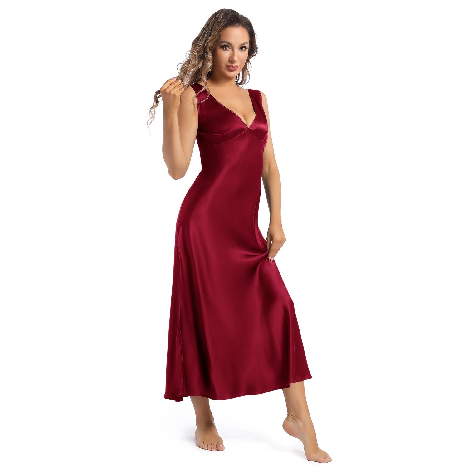 Womens Silk Maxi Gown Wide Shoulder Straps Silk Nightgowns Claret XS