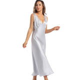 Womens Silk Maxi Gown Wide Shoulder Straps Silk Nightgowns Silver Blue XS