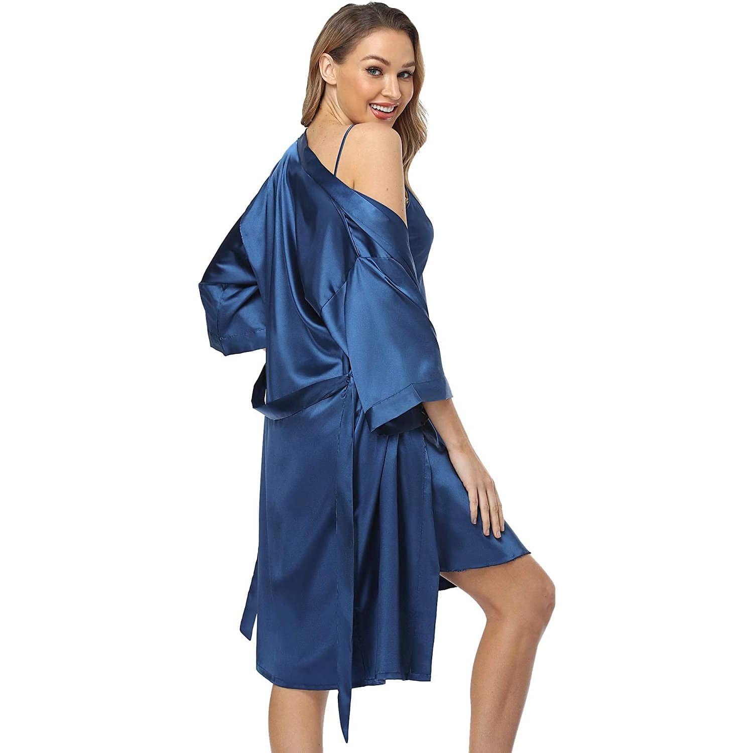 Matching Silk Nightgown Silk Robe Womens Lace Trim Silk Two Piece Set Navy Blue XS
