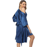 Matching Silk Nightgown Silk Robe Womens Lace Trim Silk Two Piece Set Navy Blue XS