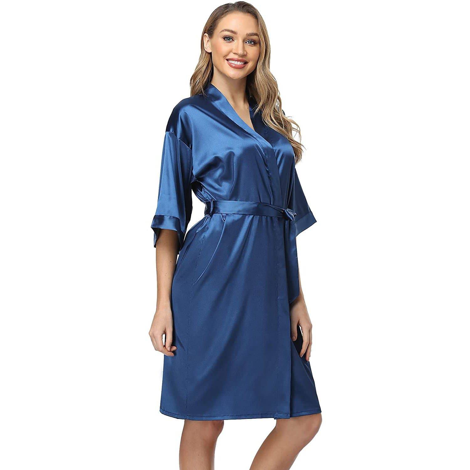 Matching Silk Nightgown Silk Robe Womens Lace Trim Silk Two Piece Set Navy Blue XS