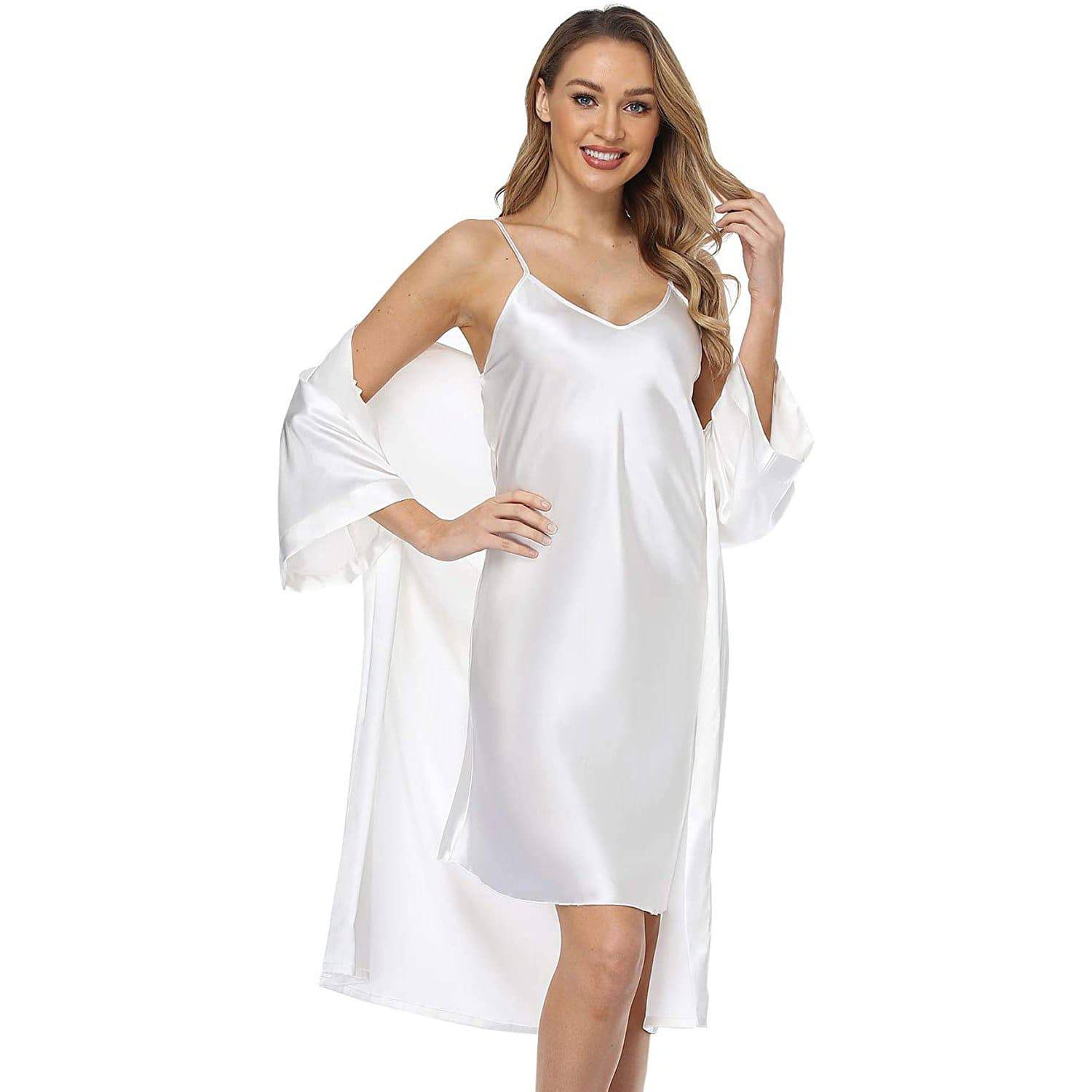Matching Silk Nightgown Silk Robe Womens Lace Trim Silk Two Piece Set White XS