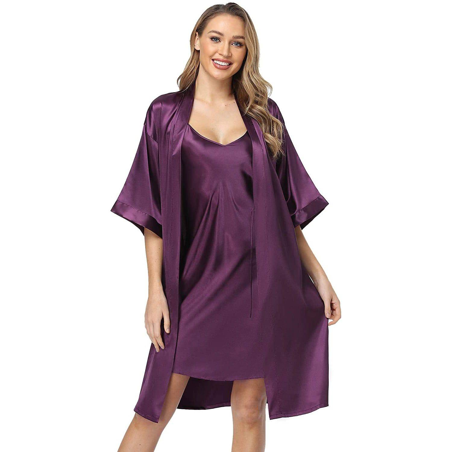 Matching Silk Nightgown Silk Robe Womens Lace Trim Silk Two Piece Set Purple XS