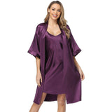 Matching Silk Nightgown Silk Robe Womens Lace Trim Silk Two Piece Set Purple XS