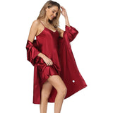Matching Silk Nightgown Silk Robe Womens Lace Trim Silk Two Piece Set Claret XS