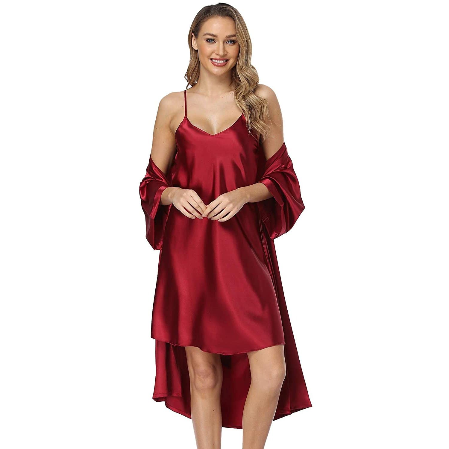 Matching Silk Nightgown Silk Robe Womens Lace Trim Silk Two Piece Set Claret XS