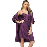 Matching Silk Nightgown Silk Robe Womens Lace Trim Silk Two Piece Set Purple XS