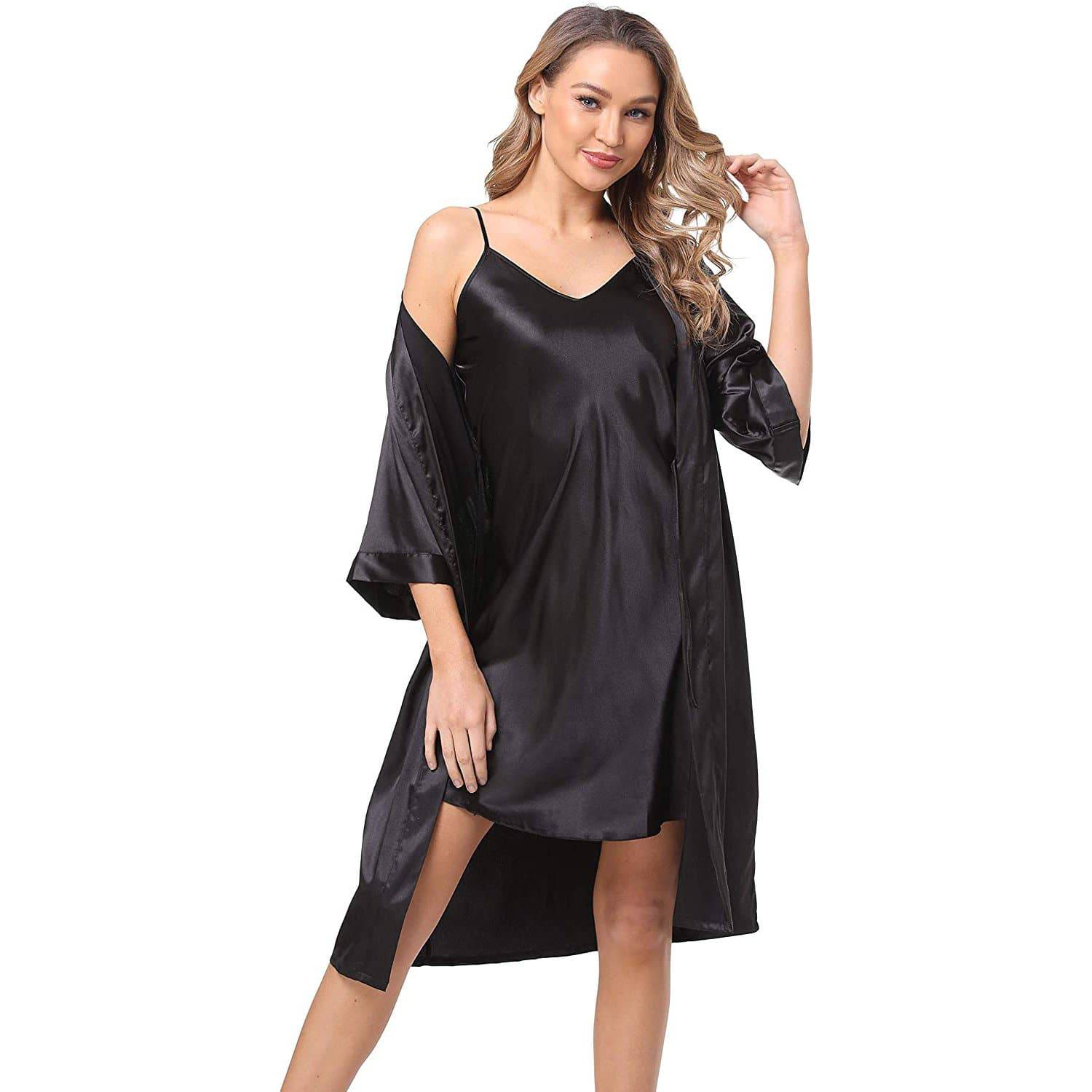 Matching Silk Nightgown Silk Robe Womens Lace Trim Silk Two Piece Set Black XS