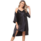 Matching Silk Nightgown Silk Robe Womens Lace Trim Silk Two Piece Set Black XS