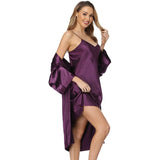 Matching Silk Nightgown Silk Robe Womens Lace Trim Silk Two Piece Set Purple XS