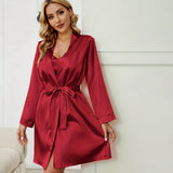Womens Silk Nightgown Silk Robe Two Piece Silk Set Sleepwear Silk Set Claret XS