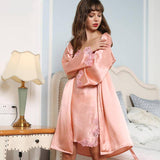 Womens Silk Nightgown Silk Robe Lace Trim Silk Two Piece Set Silk Nighties Pink XS