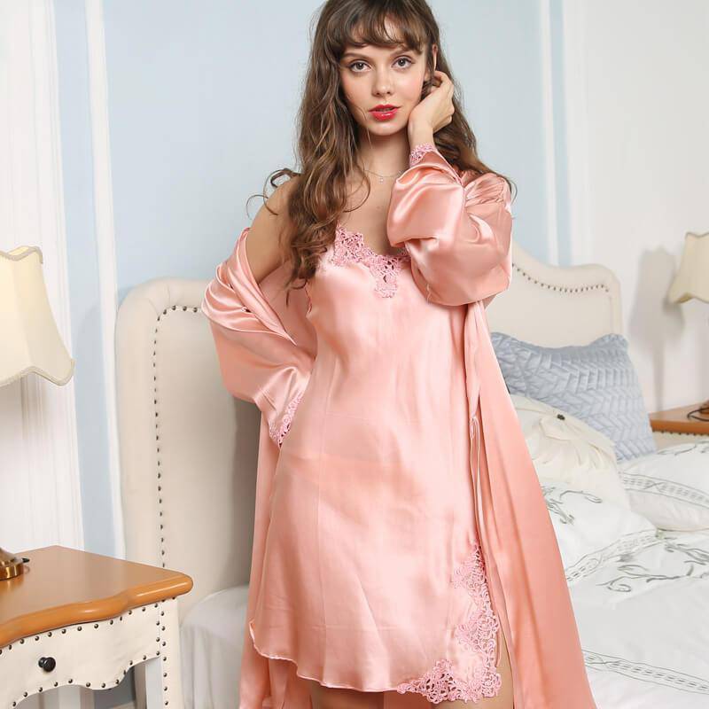 Womens Silk Nightgown Silk Robe Lace Trim Silk Two Piece Set Silk Nighties Pink XS