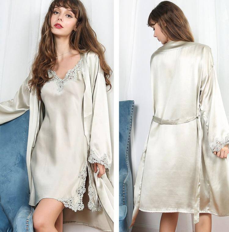 Womens Silk Nightgown Silk Robe Lace Trim Silk Two Piece Set Silk Nighties Light Green XS