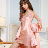Womens Silk Nightgown Silk Robe Lace Trim Silk Two Piece Set Silk Nighties Pink XS