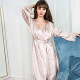 Womens Silk Nightgown Silk Robe Lace Trim Silk Two Piece Set Silk Nighties Beige XS