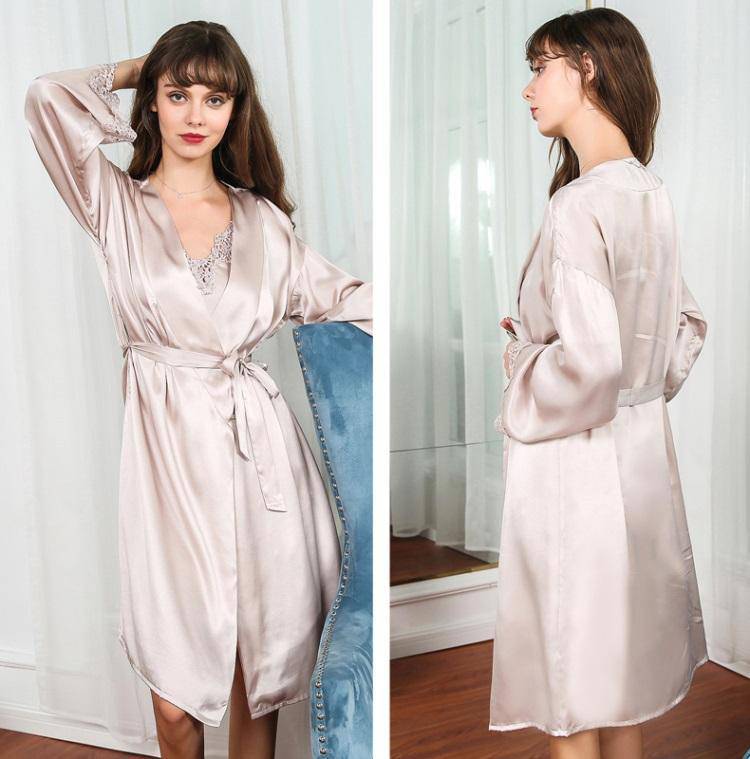Womens Silk Nightgown Silk Robe Lace Trim Silk Two Piece Set Silk Nighties Beige XS
