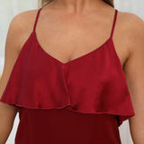 Womens Ruffle Silk Nightgown Backless V Neck Silk Dress Claret XS