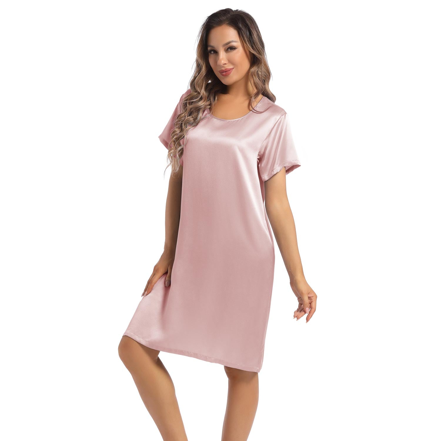 Women's Silk Nightgown Short Sleeve Round Neck Silk Nightdress Rosy Pink XS