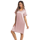 Women's Silk Nightgown Short Sleeve Round Neck Silk Nightdress Rosy Pink XS