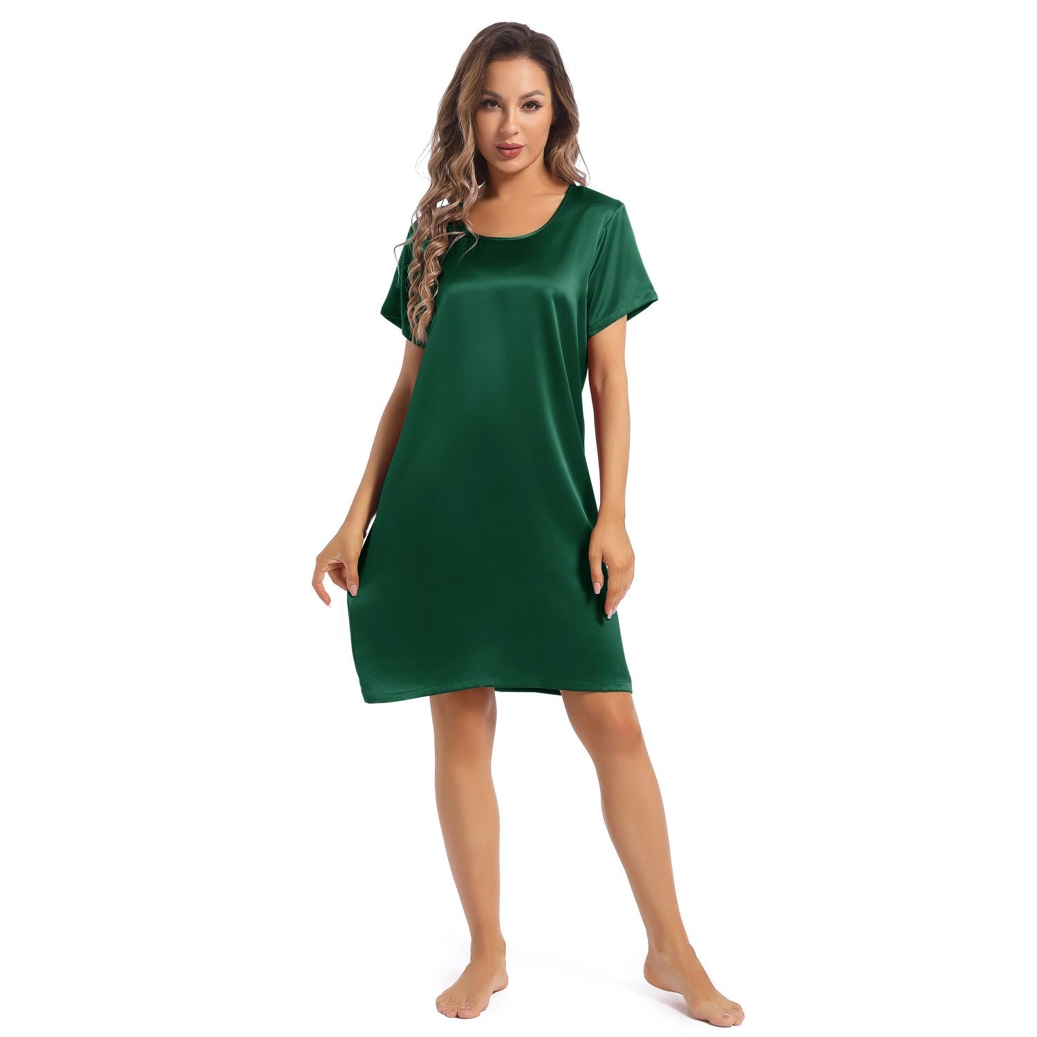 Women's Silk Nightgown Short Sleeve Round Neck Silk Nightdress Dark Green XS