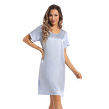 Women's Silk Nightgown Short Sleeve Round Neck Silk Nightdress Light Blue XS
