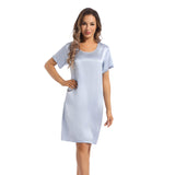 Women's Silk Nightgown Short Sleeve Round Neck Silk Nightdress Light Blue XS