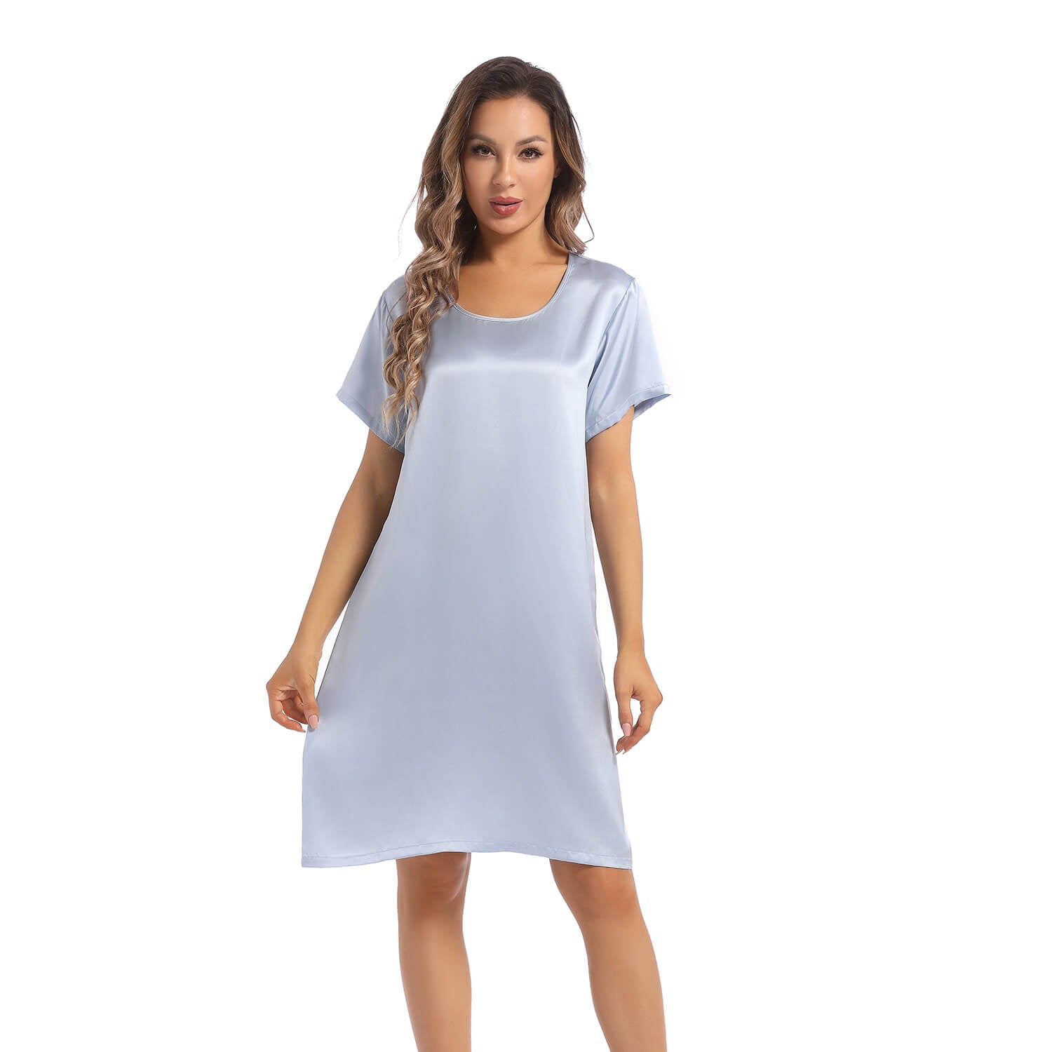 Women's Silk Nightgown Short Sleeve Round Neck Silk Nightdress Light Blue XS