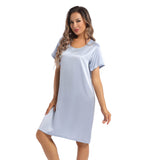 Women's Silk Nightgown Short Sleeve Round Neck Silk Nightdress Light Blue XS