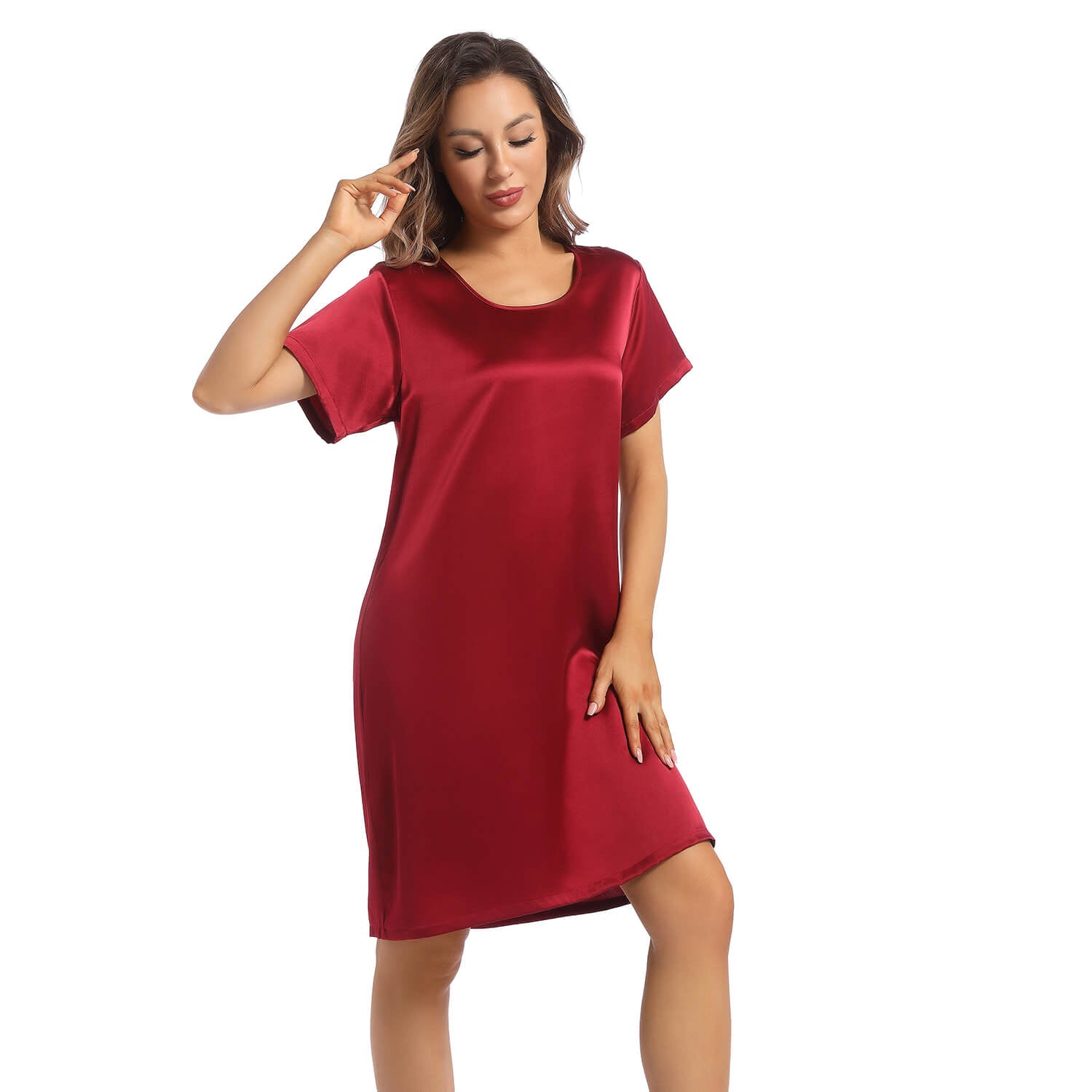 Women's Silk Nightgown Short Sleeve Round Neck Silk Nightdress Claret XS