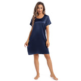 Women's Silk Nightgown Short Sleeve Round Neck Silk Nightdress Navy Blue XS