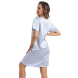 Women's Silk Nightgown Short Sleeve Round Neck Silk Nightdress Light Blue XS
