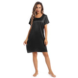 Women's Silk Nightgown Short Sleeve Round Neck Silk Nightdress Black XS