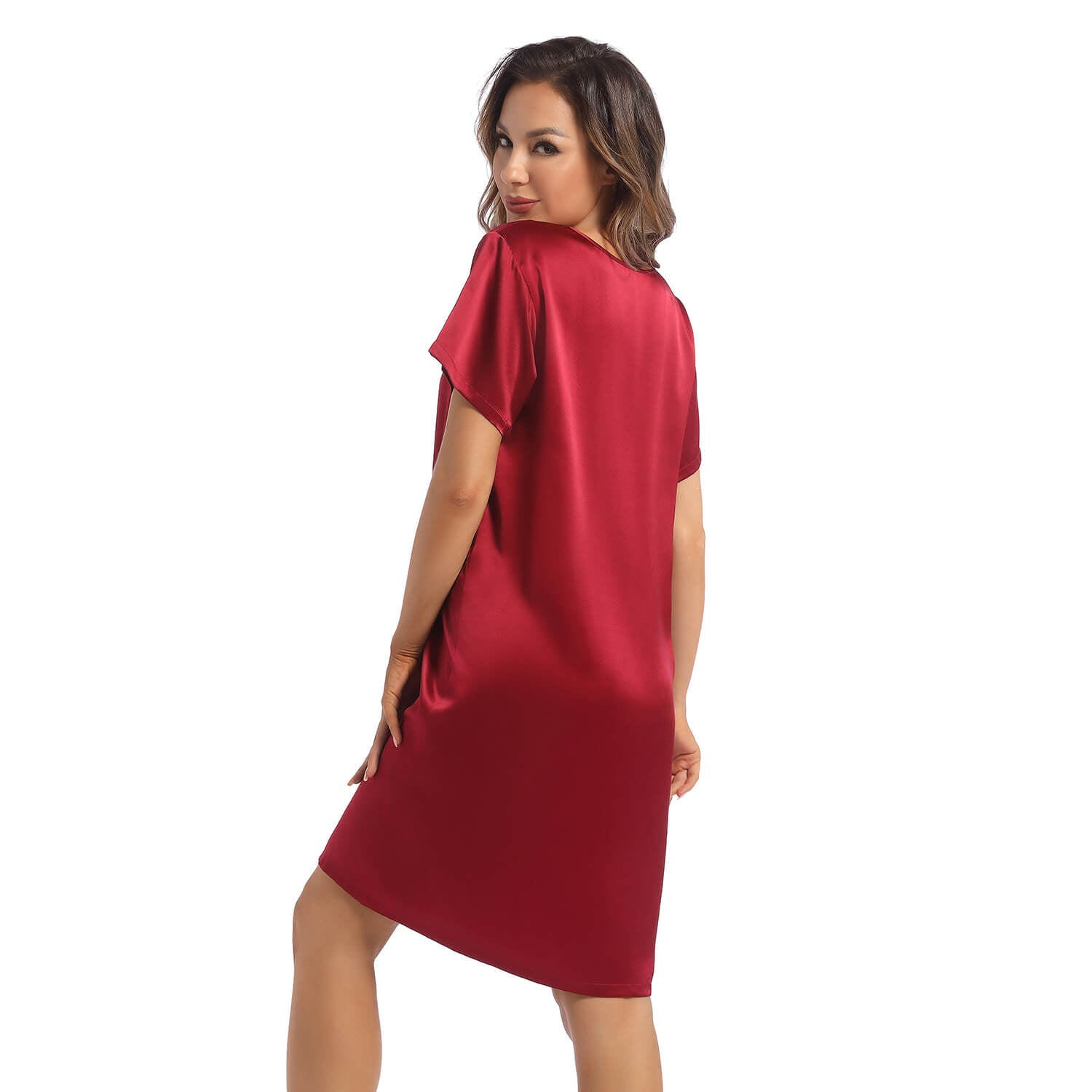 Women's Silk Nightgown Short Sleeve Round Neck Silk Nightdress Claret XS