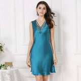Womens Lattice V Neck Silk Nightgown Short Silk Slip Dress Blue XS