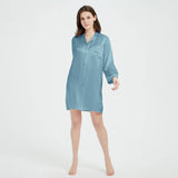 Womens Silk Nightshirt 100% Boyfriend Pure Silk Sleepwear Haze Blue XS