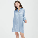 Womens Silk Nightshirt 100% Boyfriend Pure Silk Sleepwear Light Blue XS