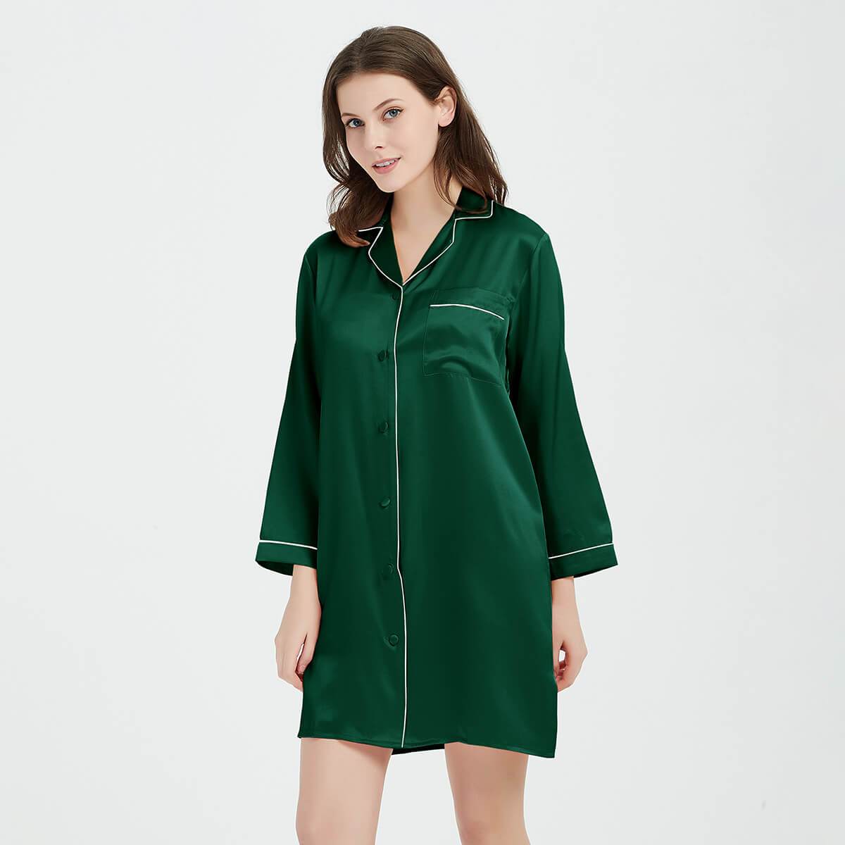 Womens Silk Nightshirt 100% Boyfriend Pure Silk Sleepwear Green XS