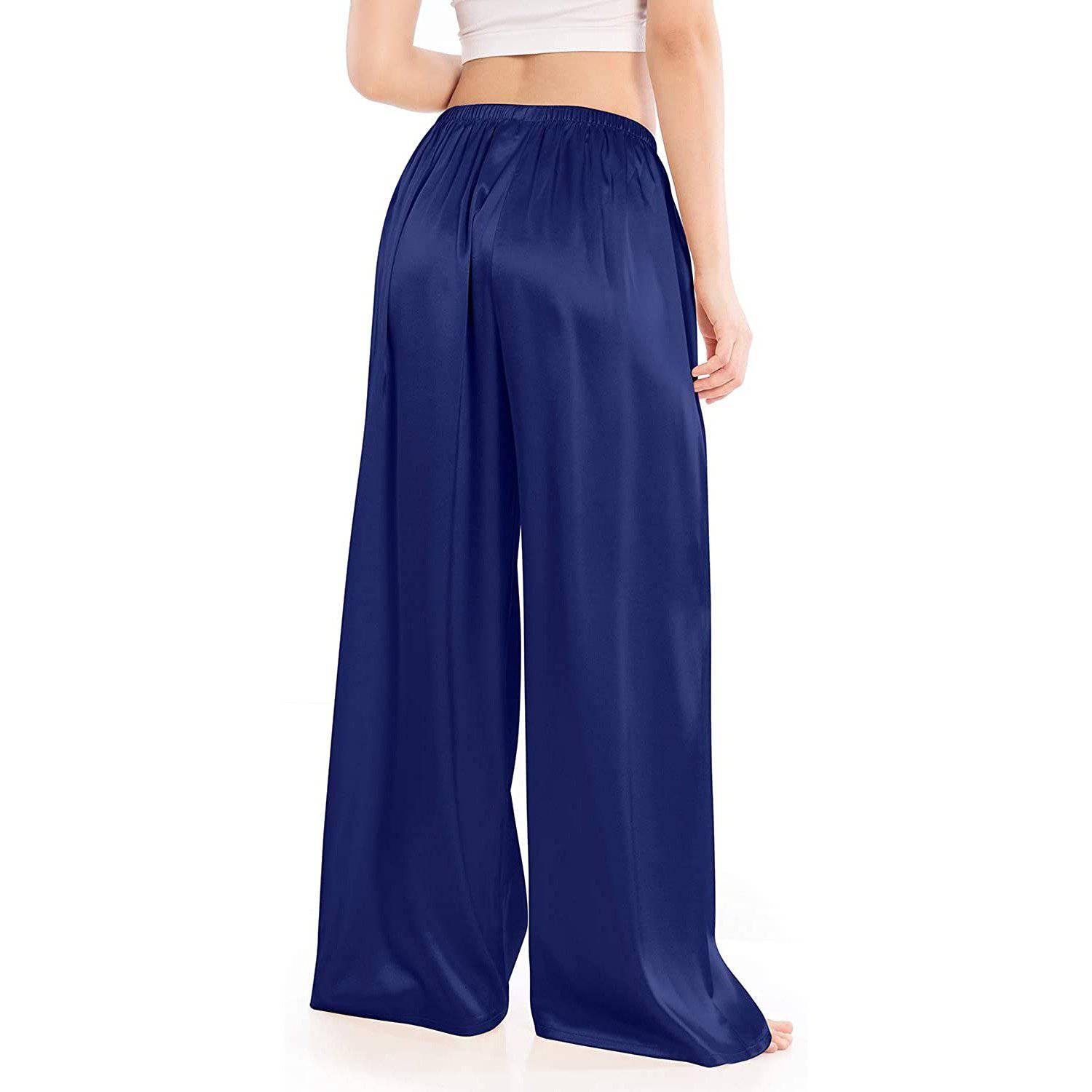 Womens Silk Pajama Pants Wide Leg Loose Pure Silk Bottoms Navy Blue XS