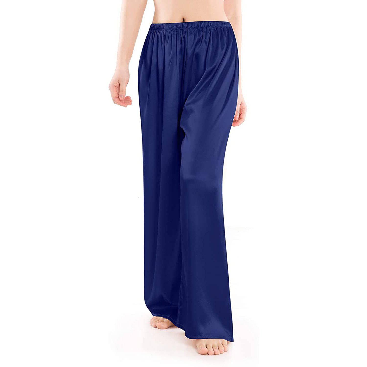 Womens Silk Pajama Pants Wide Leg Loose Pure Silk Bottoms Navy Blue XS